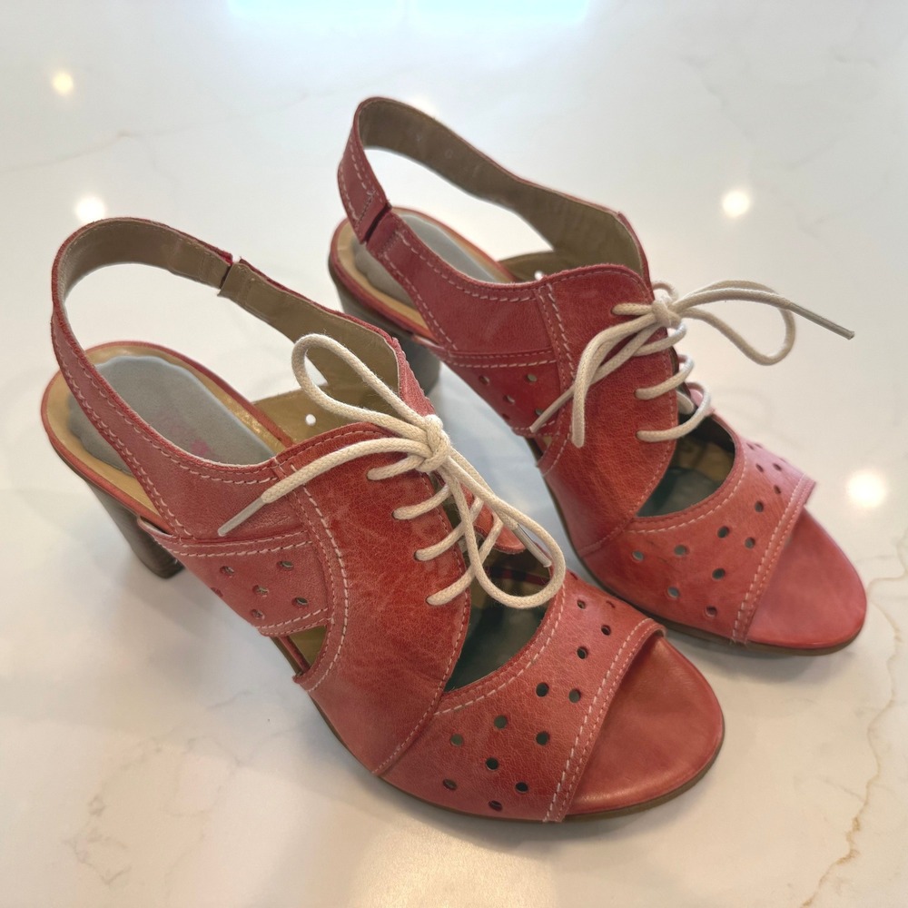 Fidji Red Pink Leather Lace Up Peep Toe Slingback Block Heel Sandals - US 9